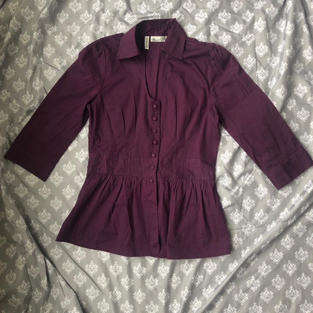 Purple Peplum Half-Sleeve Button-Up Blouse
